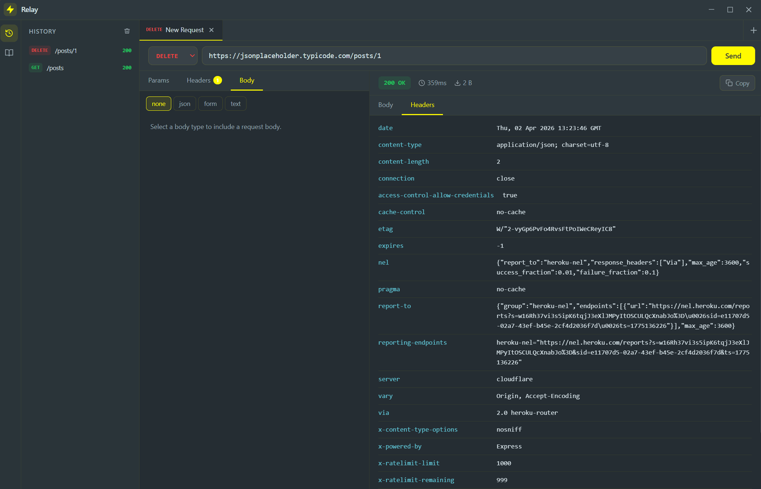 Relay API client with request editor, headers tabs and syntax-highlighted JSON response
