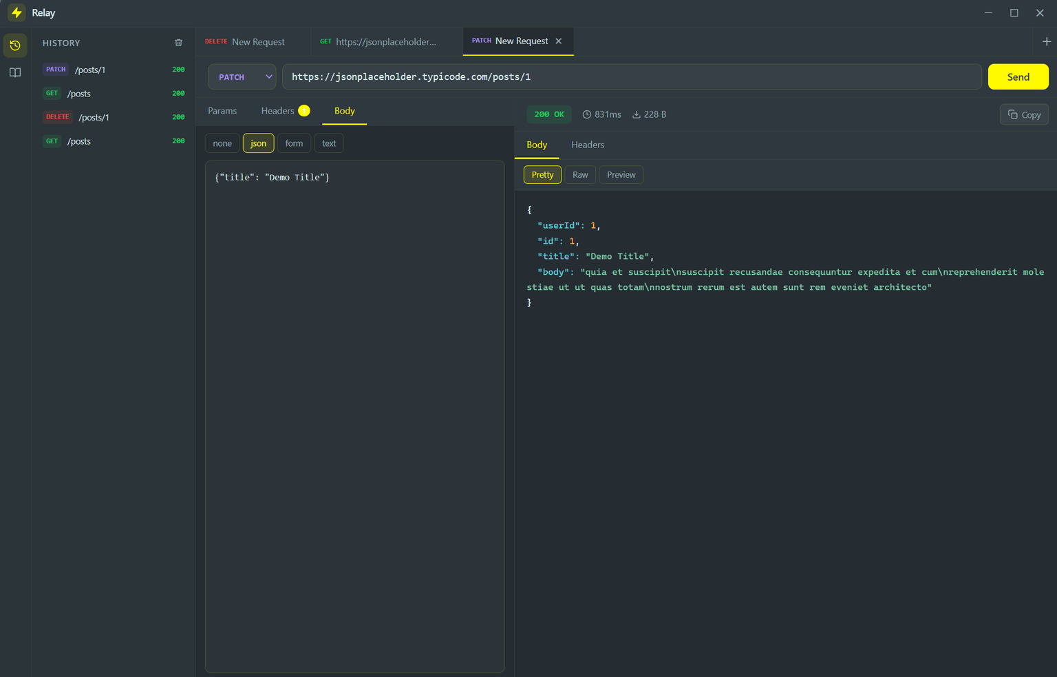 Sidebar showing collapsible request history and saved collections